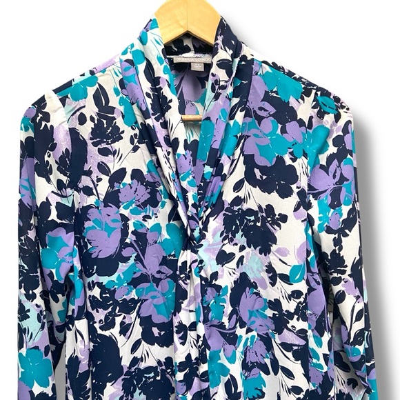 Jessica‎ London Drape Tie Front Navy/Purple Floral Print Career Top - Picture 2 of 7